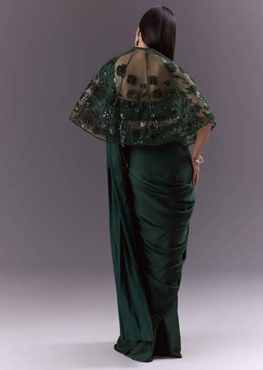 Green Satin Ready Pleated Saree With Embroidery