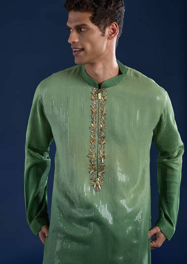 Green Sequin Work Mens Kurta and Pant Set