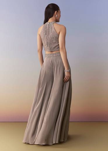 Grey Crepe Sequin Embellished Crop Top Palazzo Set