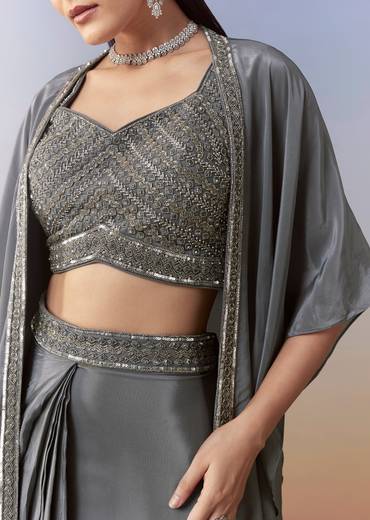 Grey Indo Western Embellished Crop Top Cape Set
