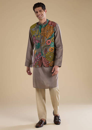 Grey Kalamkari Mens Jacket Kurta and Pant Set