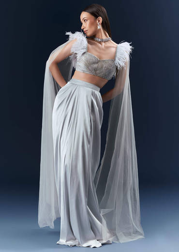 Grey Satin Crop Top And Skirt Set With Hand Embroidery