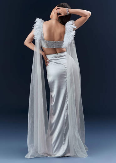 Grey Satin Crop Top And Skirt Set With Hand Embroidery