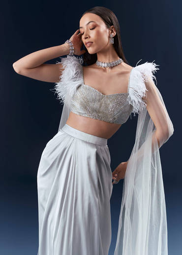 Grey Satin Crop Top And Skirt Set With Hand Embroidery