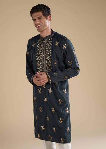 Grey Silk Embellished Mens Kurta and Pant Set