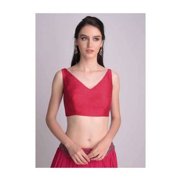 Hot Pink Blouse In Raw Silk With V Neckline Online - Kalki Fashion
