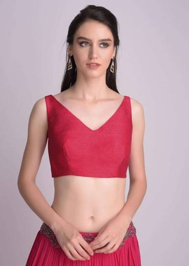Hot Pink Blouse In Raw Silk With V Neckline Online - Kalki Fashion