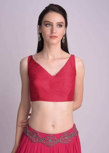 Hot Pink Blouse In Raw Silk With V Neckline Online - Kalki Fashion
