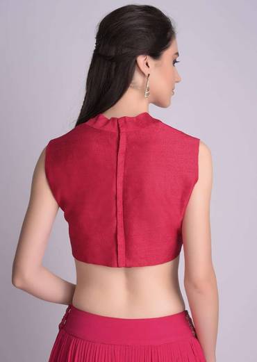 Hot Pink Blouse In Raw Silk With V Neckline Online - Kalki Fashion