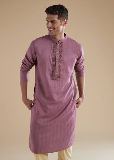 Lavender Purple Silk Mens Kurta Set with Thread Resham Detail Work
