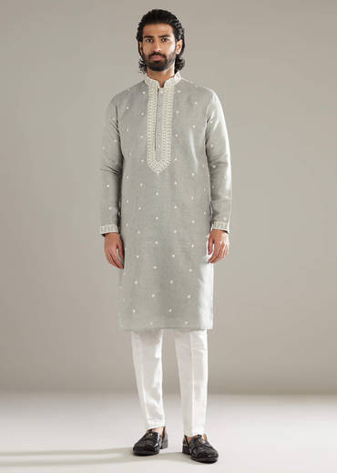 Light Grey Linen Kurta Set For Men With Resham Hand Work