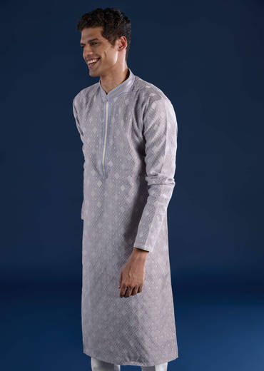 Lilac Mens Jacquard Self Work Kurta and Pant Set