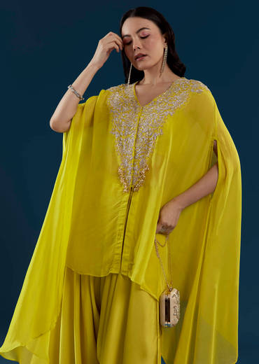 Lime Green Cape Top and Dhoti Set with Zardozi Work
