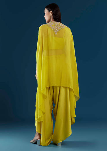 Lime Green Cape Top and Dhoti Set with Zardozi Work