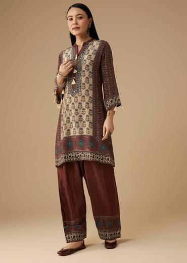Maroon Indie Printed Crepe Kurta and Pant Set