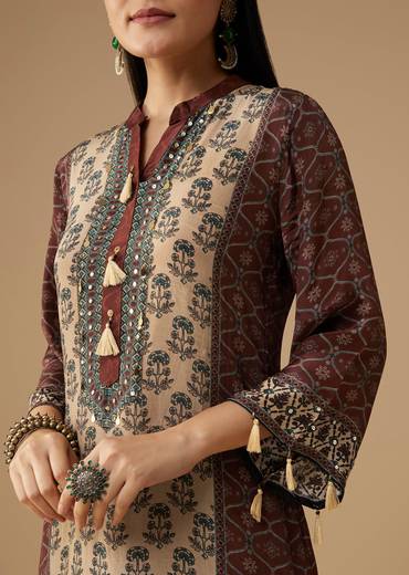 Maroon Indie Printed Crepe Kurta and Pant Set