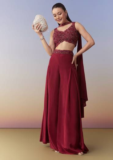 Maroon Indo Western Crop Top Palazzo and Dupatta Set