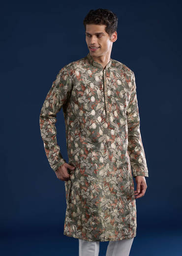 Mehendi Green Foil Work Mens Kurta and Pant Set