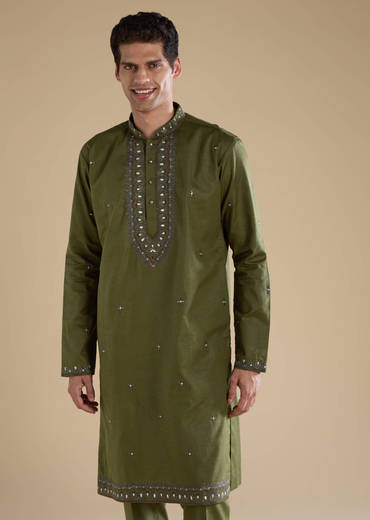 Mehendi Green Linen Straight Mens Kurta and Pant Set