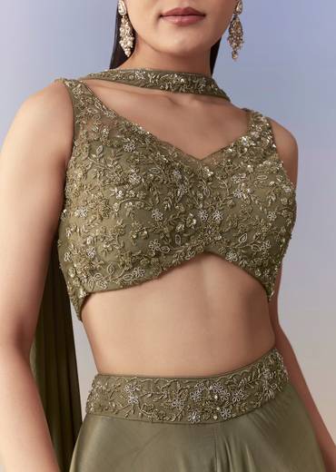 Mehendi Green Sequin Indo Western Crop Top Palazzo Set