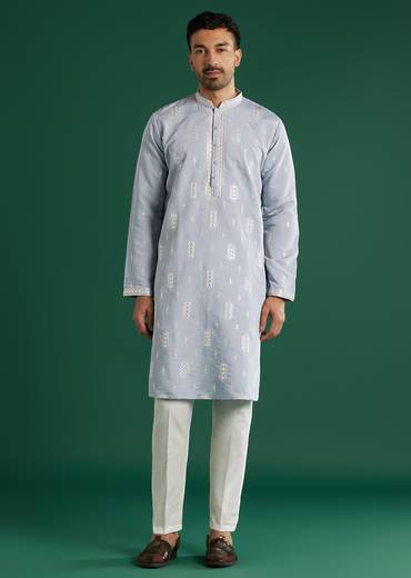 Mint Blue Silk Kurta Set For Men With Resham And Mirror Embroidery