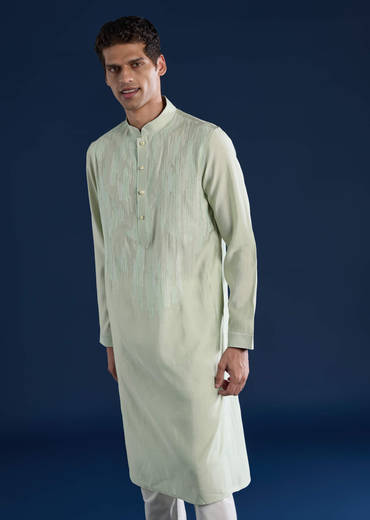 Mint Green Resham Embroidered Mens Kurta and Pant Set