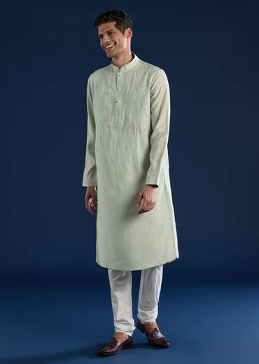 Mint Green Resham Embroidered Mens Kurta and Pant Set