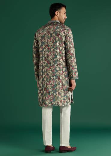 Multicolour Silk Kurta Set For Men With Floral Motif Print