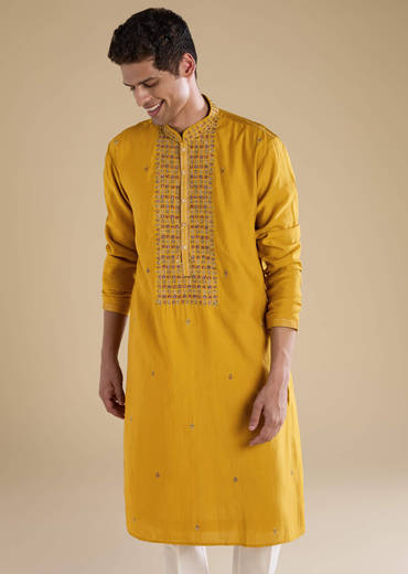 Mustard Yellow Bead Embellished Mens Kurta and Pant Set