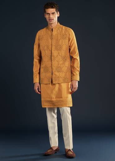 Mustard Yellow Chanderi Jacket Kurta Set With Dori Work
