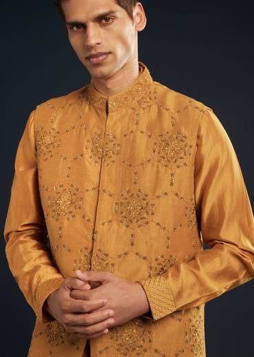 Mustard Yellow Chanderi Jacket Kurta Set With Dori Work