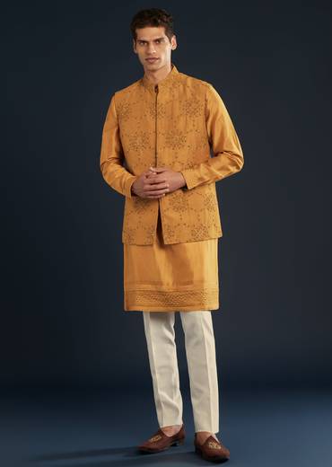 Mustard Yellow Chanderi Jacket Kurta Set With Dori Work