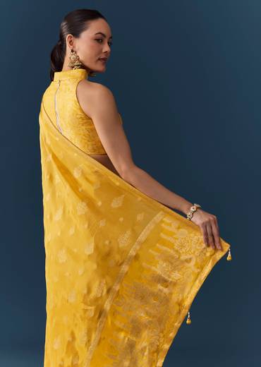 Mustard Yellow Dola Silk Saree with Blouse Fabric