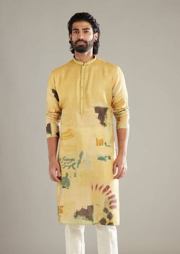 Mustard Yellow Kurta Set For Men With Abstract Print