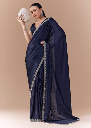 Navy Blue Chinon Embroidered Border Saree with Blouse Fabric