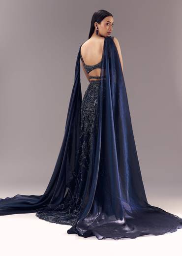 Navy Blue Embellished Fishcut Lehenga Set with Choker Dupatta