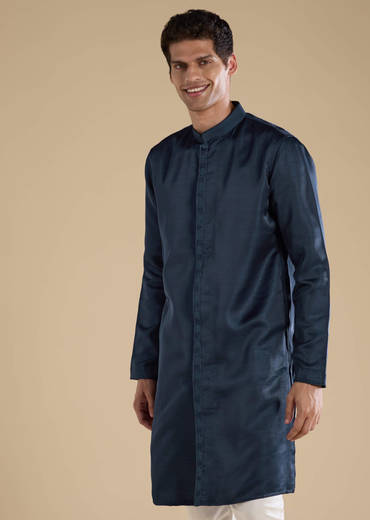 Navy Blue Embroidered Mens Jacket Kurta and Pant Set