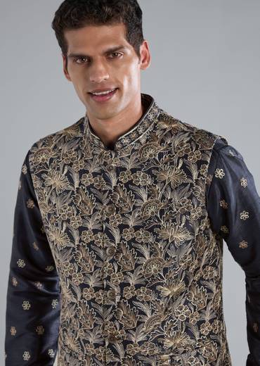 Navy Blue Kurta Jacket Set With Thread And Sequin Embroidery