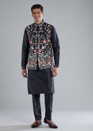 Navy Blue Kurta Jacket Set With Thread Resham Work
