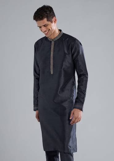 Navy Blue Kurta Jacket Set With Thread Resham Work