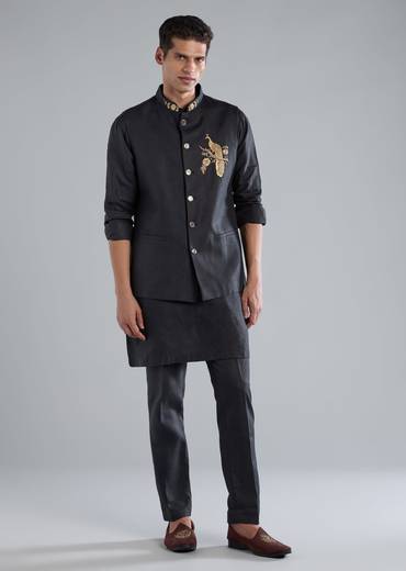 Navy Blue Kurta Jacket Set With Zardosi Hand Work