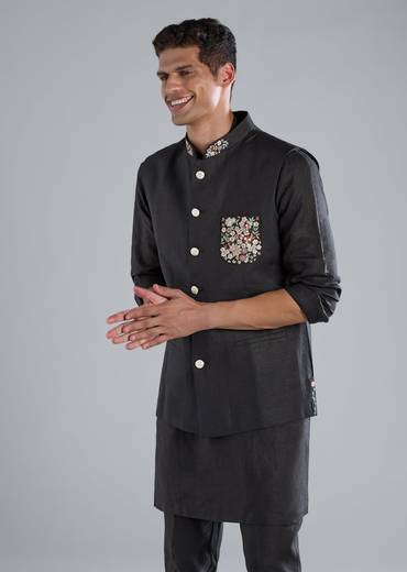 Navy Blue Linen Kurta Jacket Set With Thread Resham Work