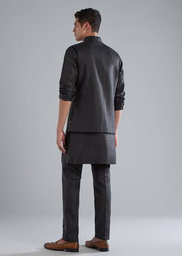 Navy Blue Linen Kurta Jacket Set With Thread Resham Work