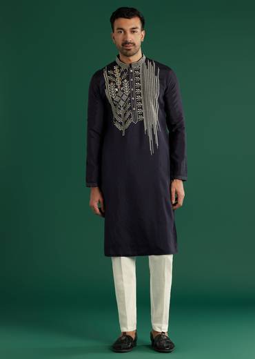 Navy Blue Silk Kurta Set For Men With Gota Work
