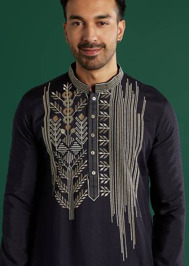 Navy Blue Silk Kurta Set For Men With Gota Work
