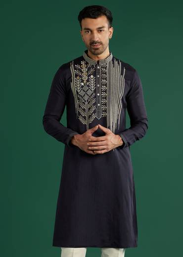 Navy Blue Silk Kurta Set For Men With Gota Work