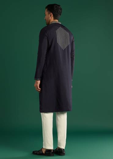 Navy Blue Silk Kurta Set For Men With Gota Work