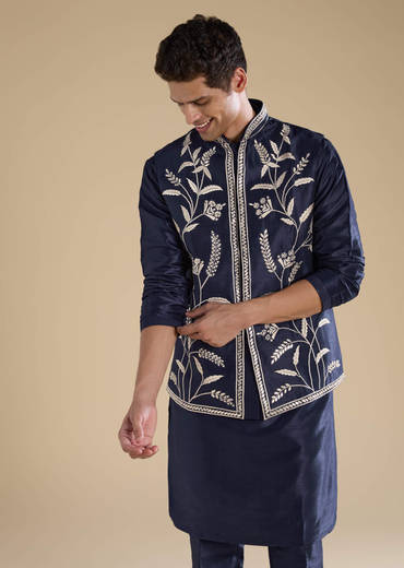 Navy Blue Silk Mirror Embroidered Mens Jacket Kurta and Pant Set