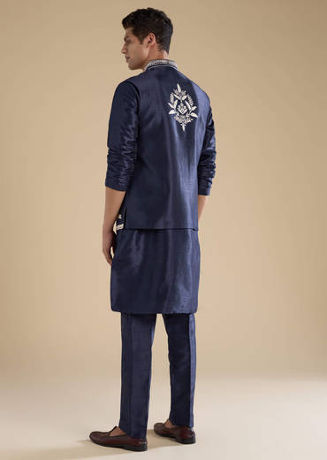 Navy Blue Silk Mirror Embroidered Mens Jacket Kurta and Pant Set