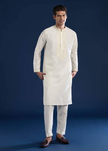 Off White Chanderi Kashmiri Work Mens Kurta and Pant Set